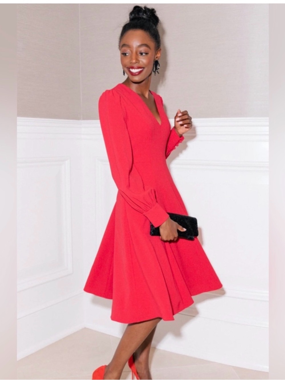 Gal Meets Glam! Red V-Neck Long Sleeve A-Line Dress